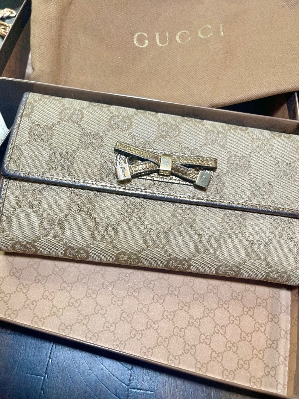 Gucci Princy Gold Metallic GG Monogram Trifold Flap Long Wallet Bow